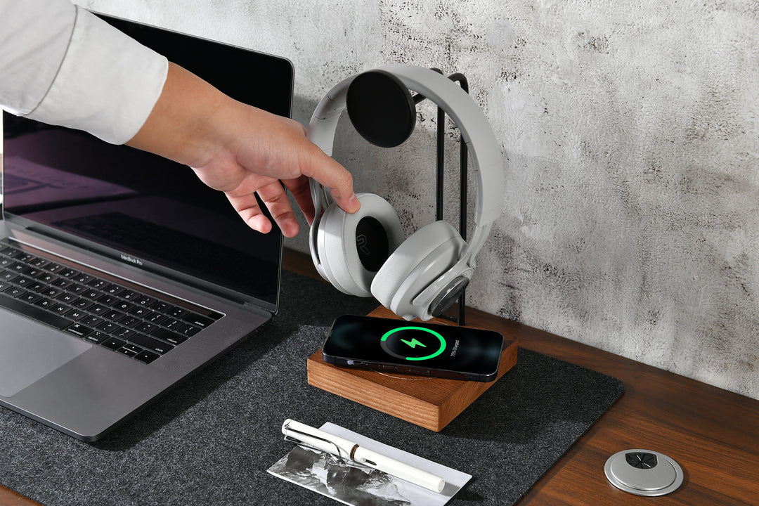 Aquatide Headphone Hanger with Wireless Charger, Personalized Desk Organizer, Charging Dock